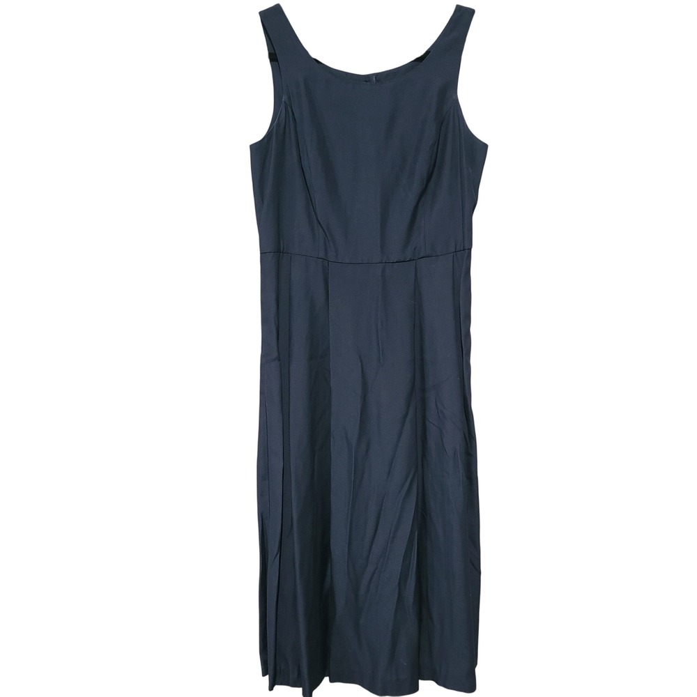 Vintage Navy Blue Rayon Button Back Midi Dress Made in USA Style 22997 Size 8